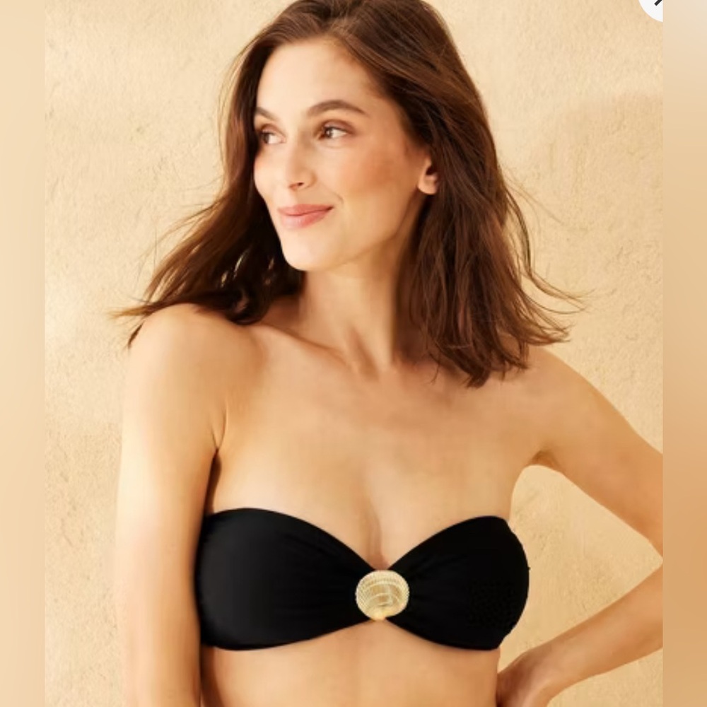 Black Strapless Bikini Top with Gold Shell Accentp